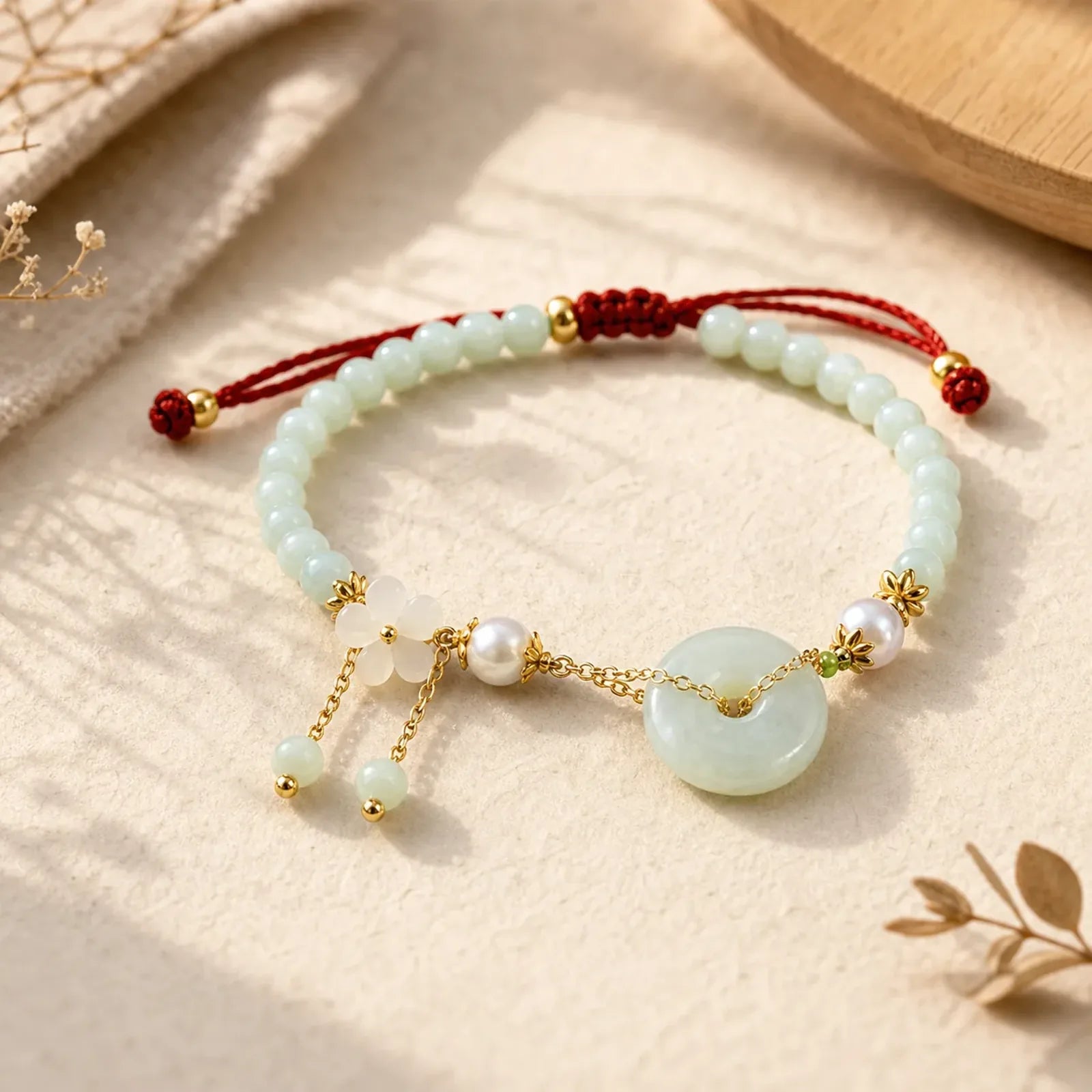 Jade Peace Buckle Beads Flower Prosperity Bracelet featuring Jade, Peace Buckle, Copper