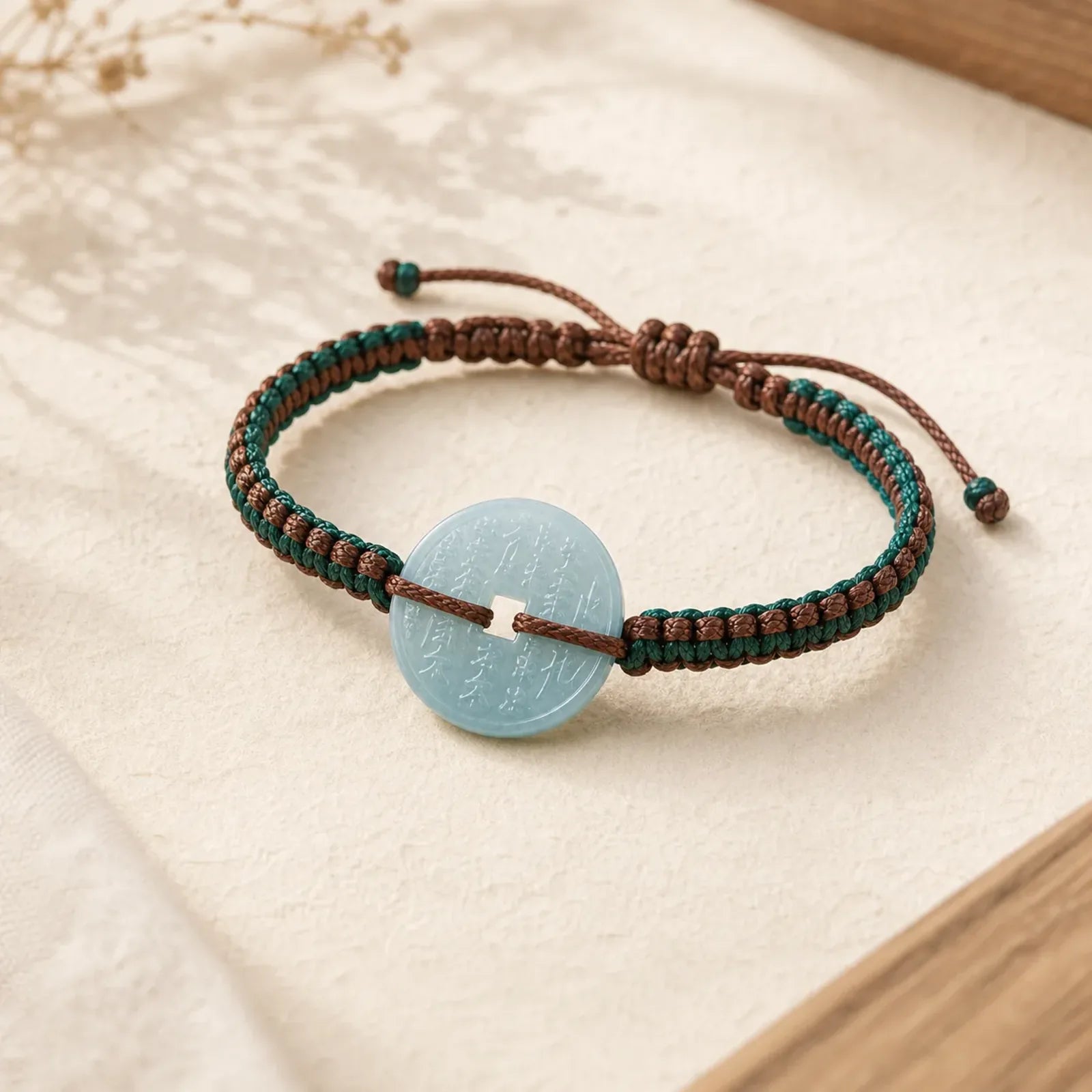 Jade Peace Buckle Hand-Woven Tranquility Adjustable Bracelet featuring Jade, Peace Buckle, Copper