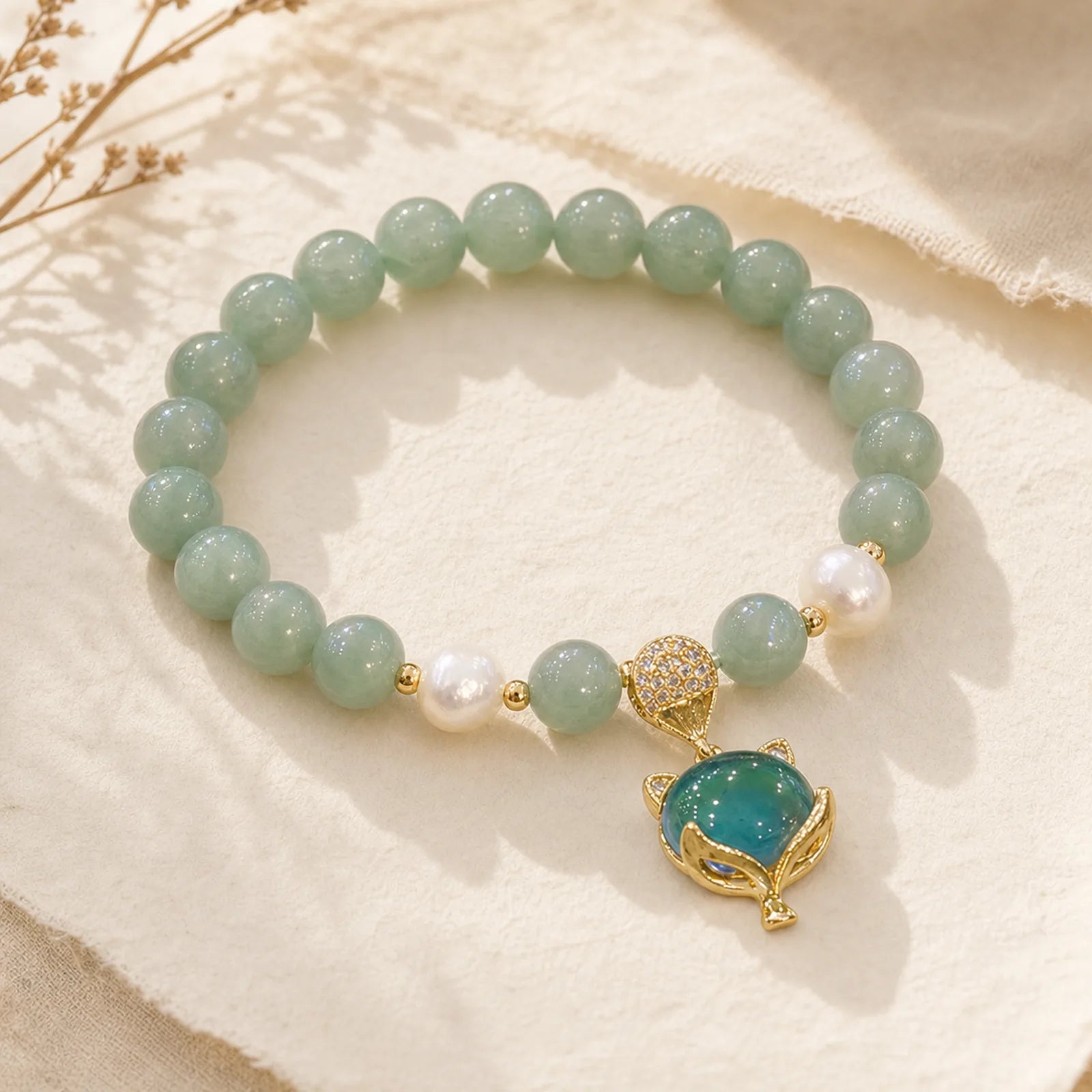 Jade Pearl Color-Changing Fox Charm Luck Bracelet featuring Jade, Pearl