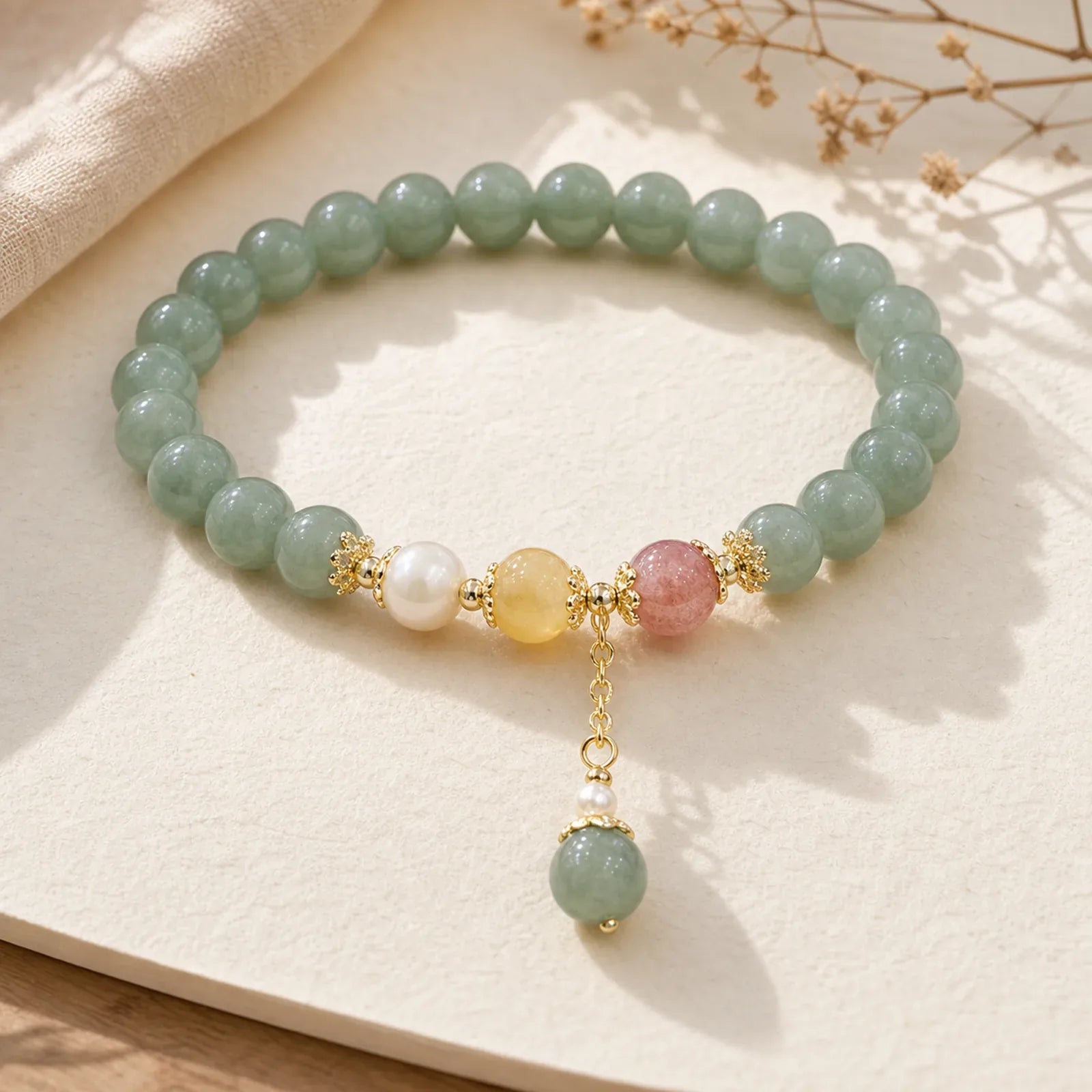Jade Pearl Strawberry Quartz Abundance Luck Bead Charm Bracelet featuring Jade, Pearl, Strawberry Quartz