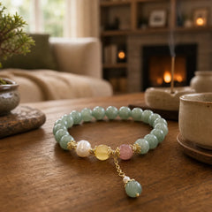 Jade Pearl Strawberry Quartz Abundance Luck Bead Charm Bracelet featuring Jade, Pearl, Strawberry Quartz