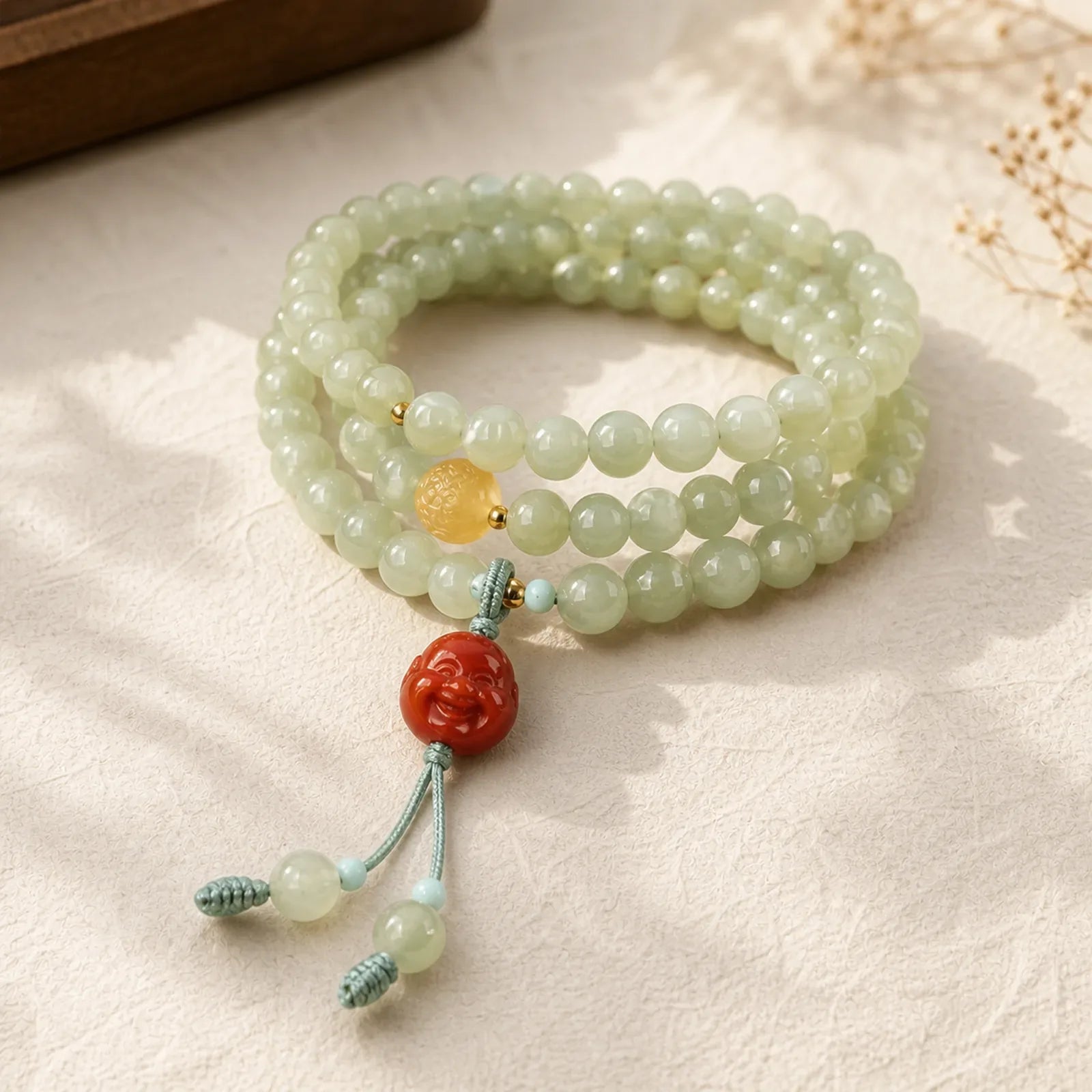 Jade Red Agate Amber Laughing Buddha Prosperity Bracelet featuring Jade, Red Agate, Amber