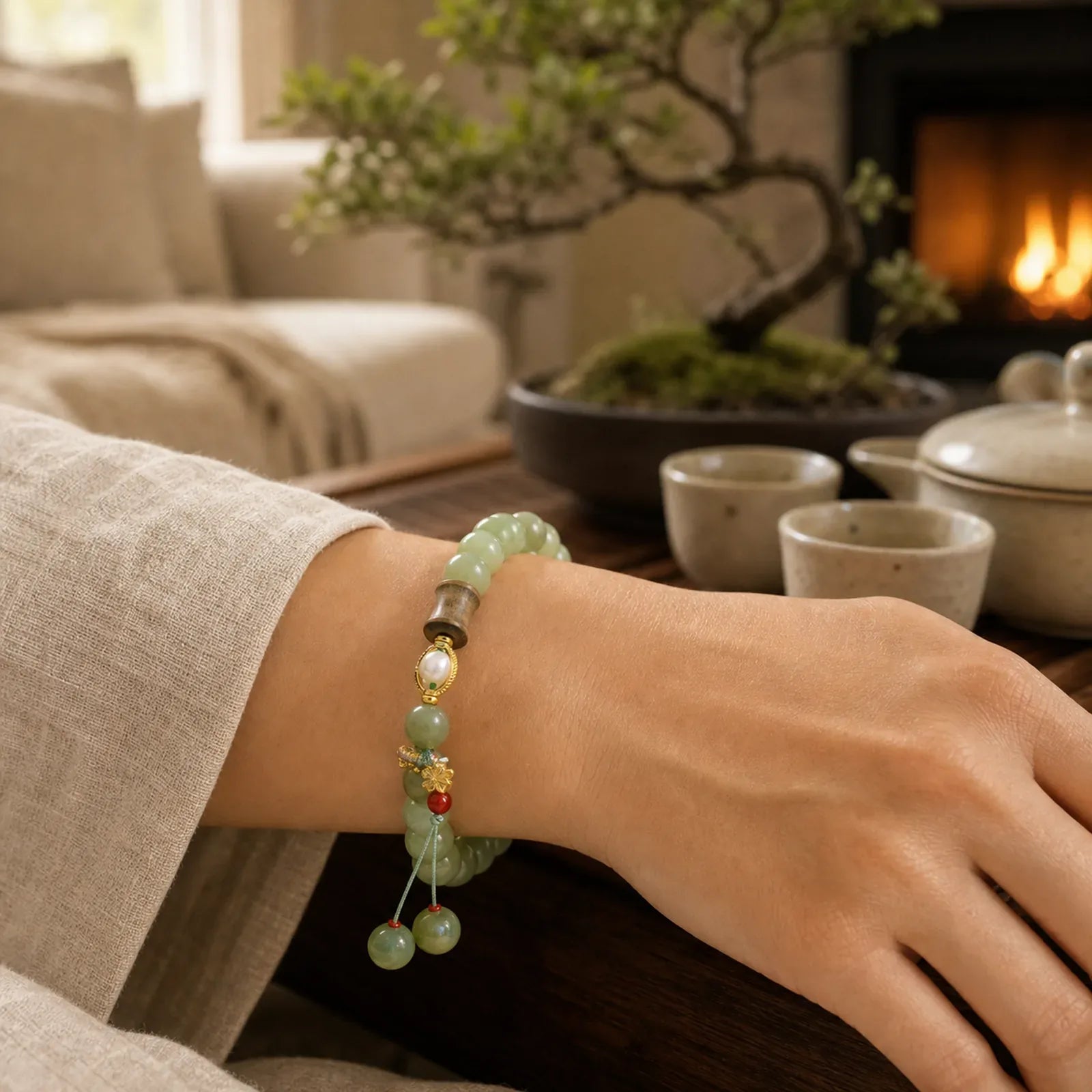 Jade Sandalwood Bamboo Pearl Prosperity Bracelet featuring Jade, Sandalwood, Bamboo