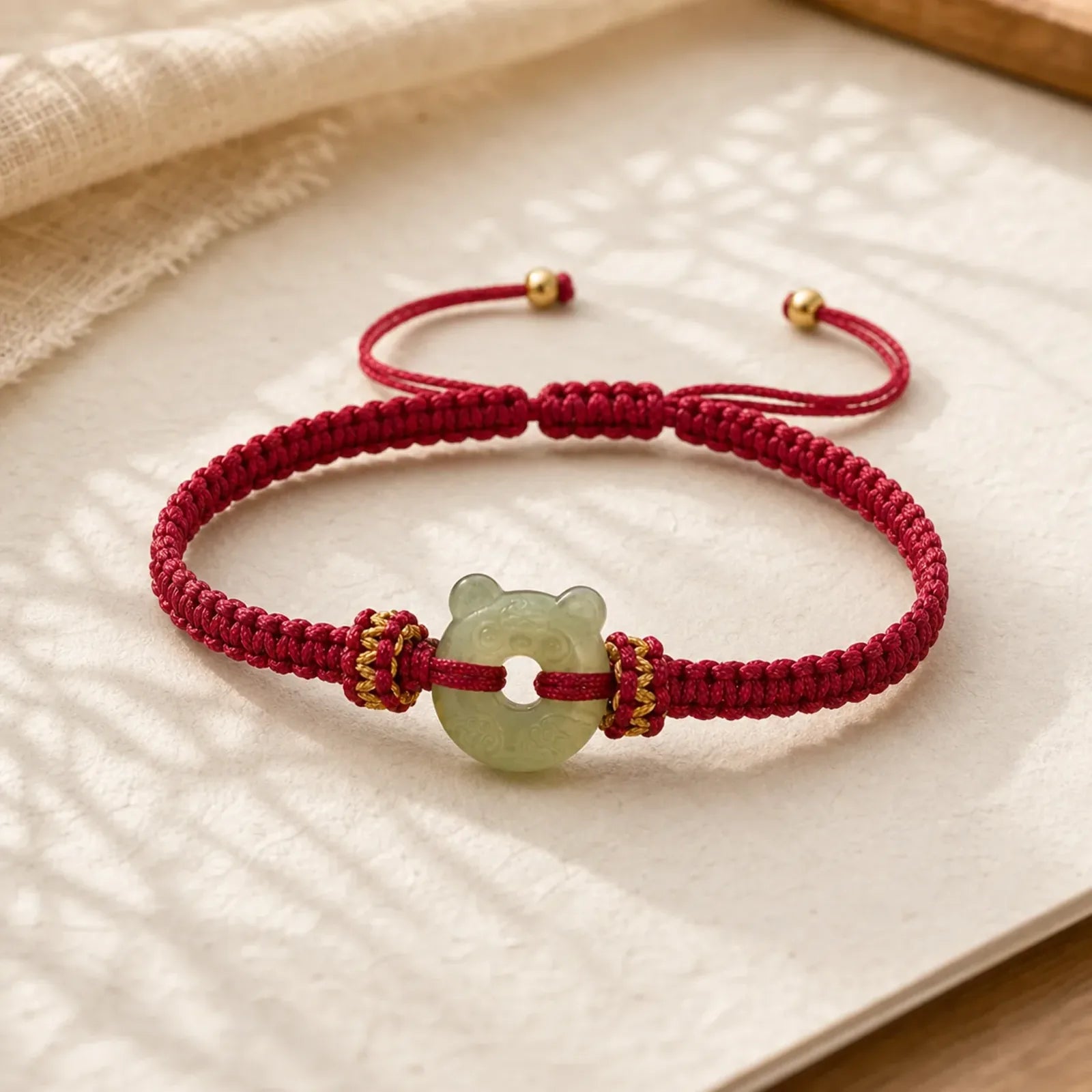Jade Tiger Head Design Peace Buckle Grounding Red String Braided Bracelet featuring Jade, Peace Buckle, Red String