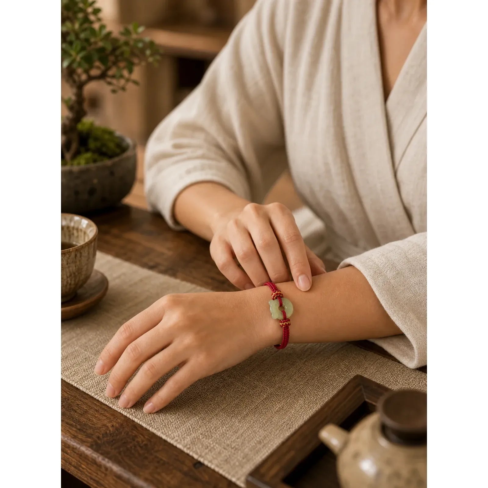 Jade Tiger Head Design Peace Buckle Grounding Red String Braided Bracelet featuring Jade, Peace Buckle, Red String