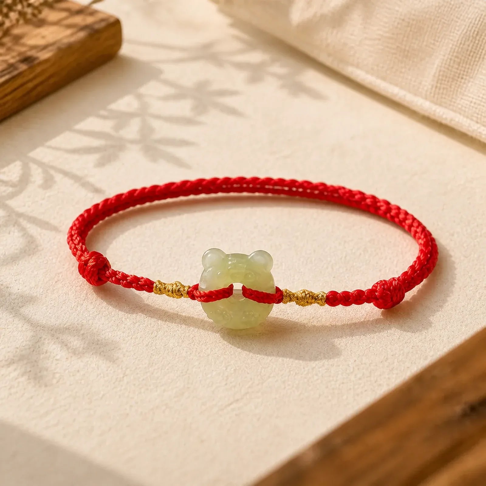 Jade Tiger-head Peace Buckle Red String Prosperity Bracelet featuring Jade, Peace Buckle, Red String