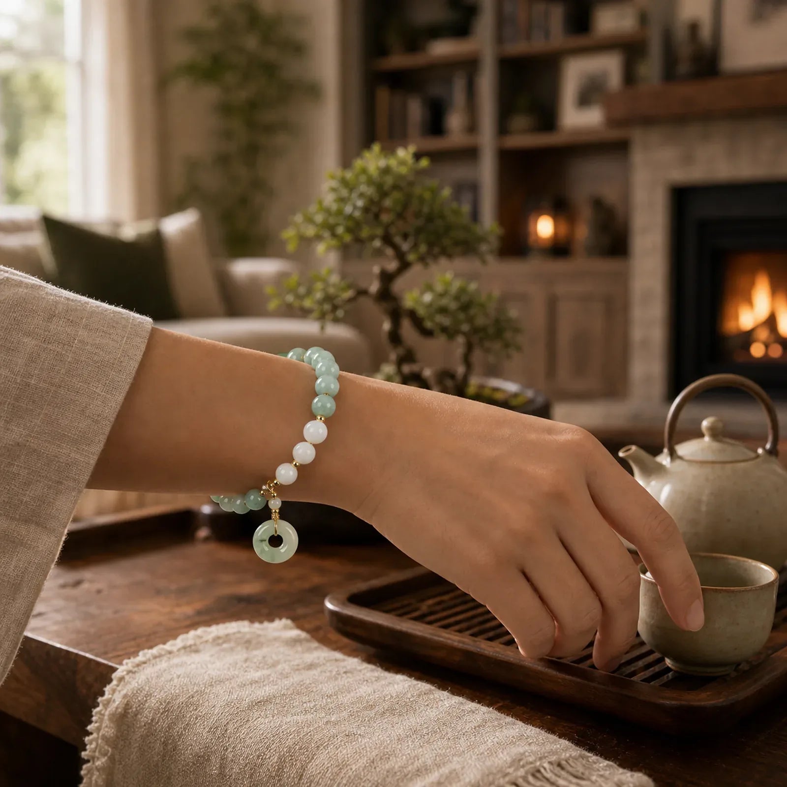 Jade Trochus Horseshoe Snail Peace Buckle Charm Abundance Bracelet featuring Jade, Peace Buckle, Copper