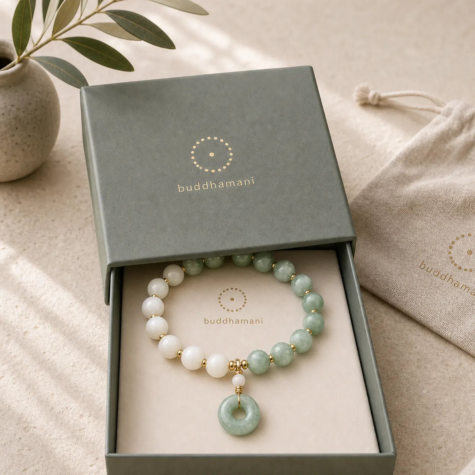 Jade Trochus Horseshoe Snail Peace Buckle Charm Abundance Bracelet featuring Jade, Peace Buckle, Copper