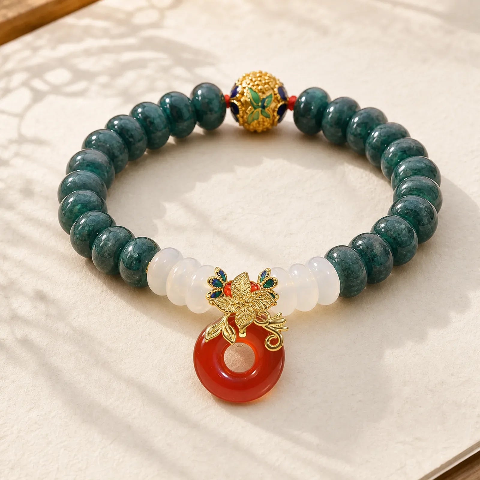 Jade White Agate Red Agate Peace Buckle Abacus Beads Luck Bracelet featuring Jade, White Agate, Red Agate