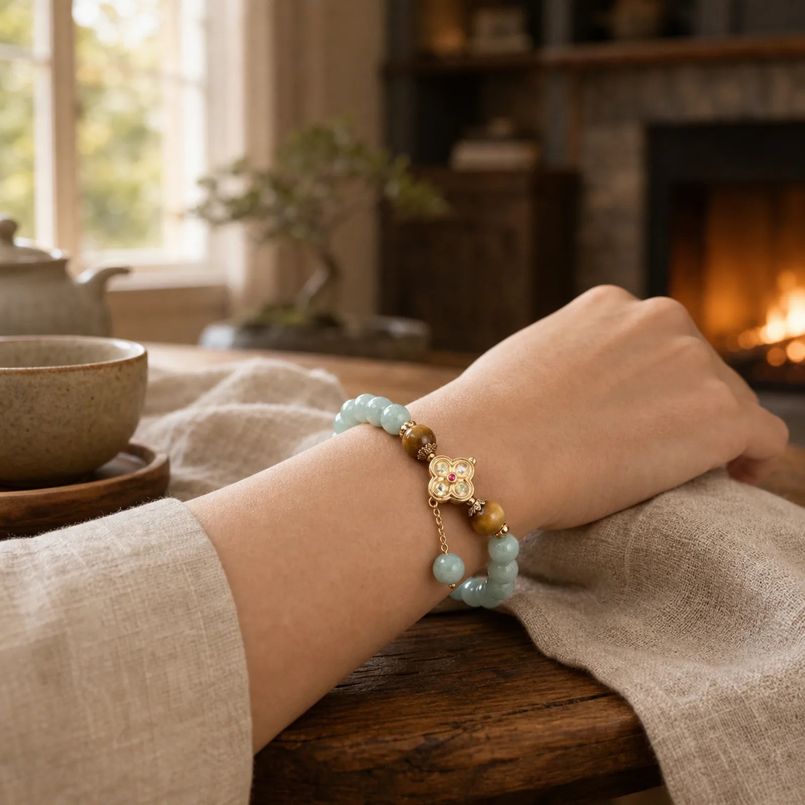 Jade Yellow Tiger Eye Prosperity Bracelet featuring Jade, Tiger Eye