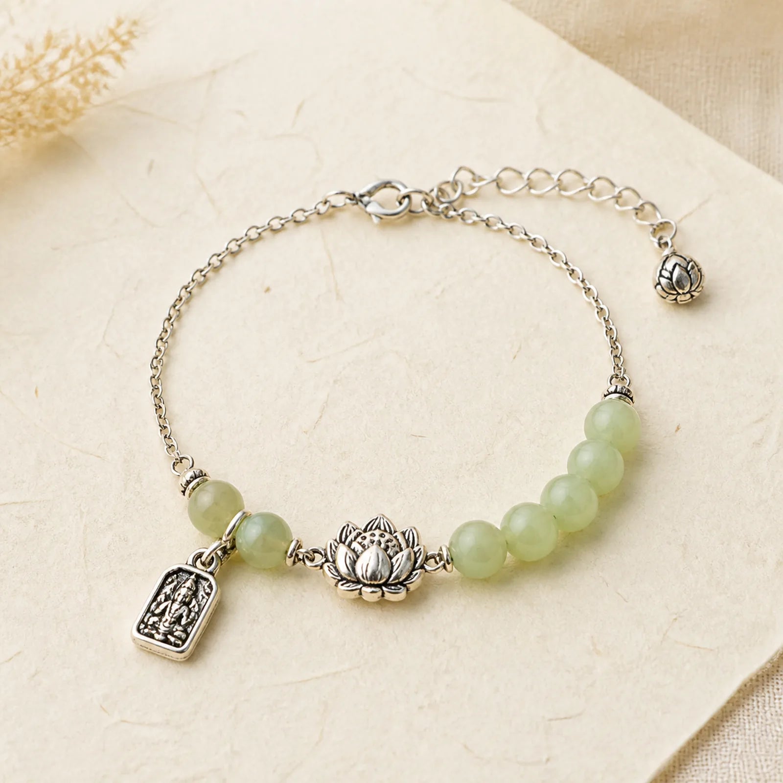 Joy Happiness Charm Lotus Jade Bead Copper Abundance Bracelet featuring Lotus, Jade, Copper