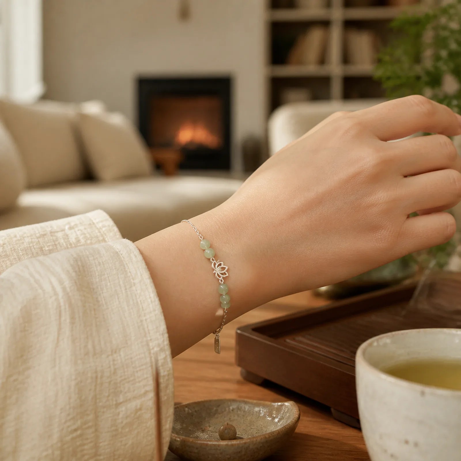 Joy Happiness Charm Lotus Jade Bead Copper Abundance Bracelet featuring Lotus, Jade, Copper