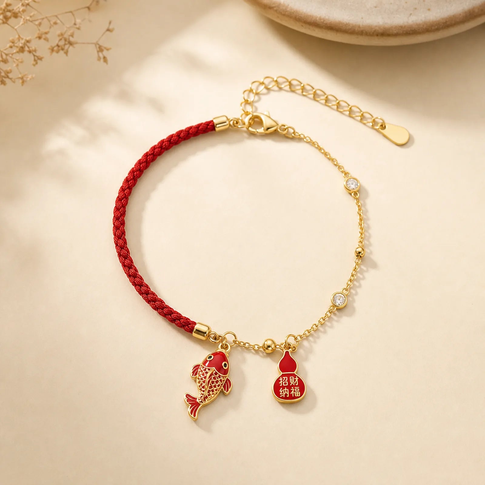 Koi Fish Attract Wealth Gourd Charm Design Red String Luck Bracelet featuring Koi Fish, Red String, Yin Yang Symbol