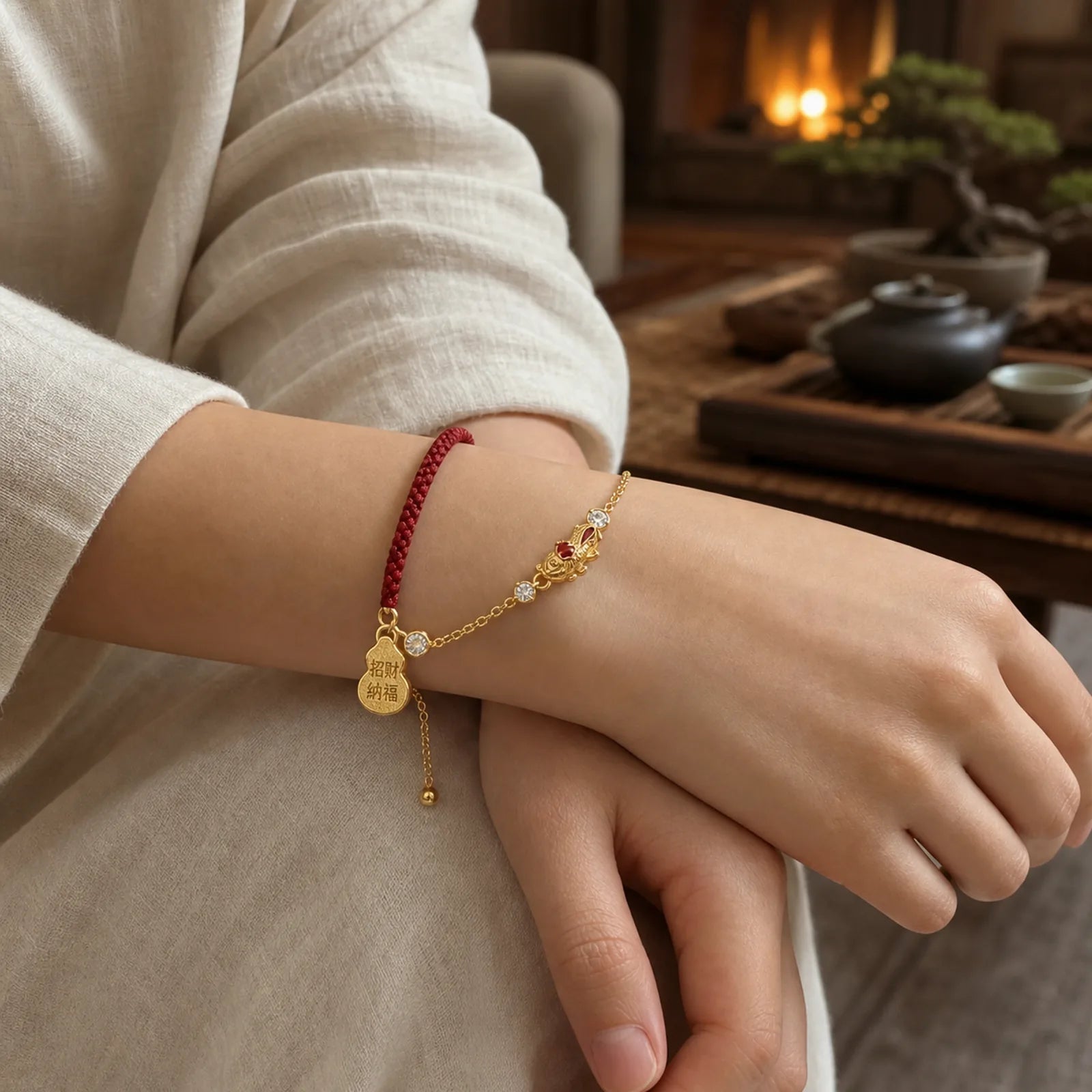 Koi Fish Attract Wealth Gourd Charm Design Red String Luck Bracelet featuring Koi Fish, Red String, Yin Yang Symbol