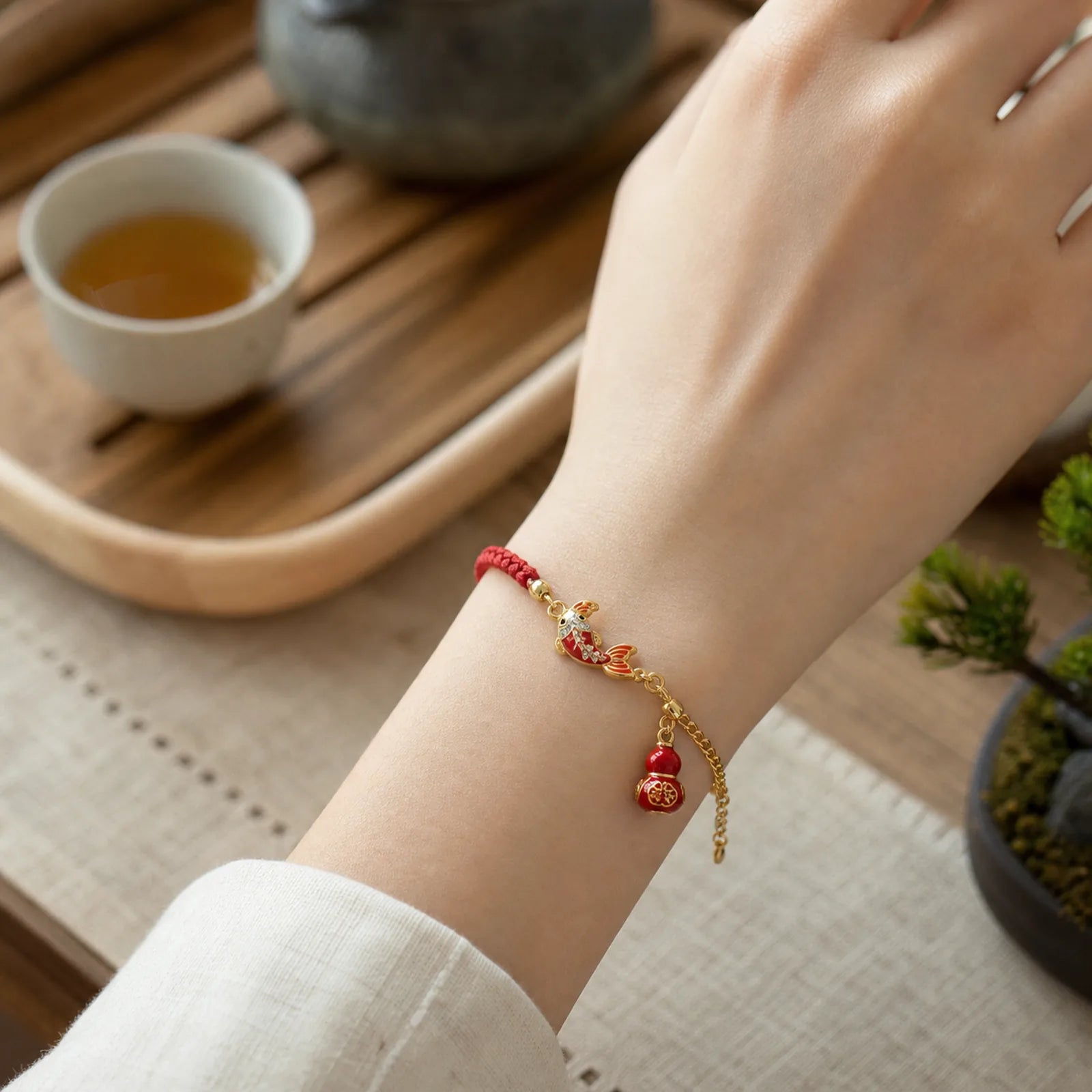 Koi Fish Attract Wealth Gourd Charm Design Red String Luck Bracelet featuring Koi Fish, Red String, Yin Yang Symbol