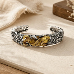 Koi Fish Grass Pattern Prosperity Wealth Bracelet Bangle featuring Koi Fish, Yin Yang Symbol, Copper