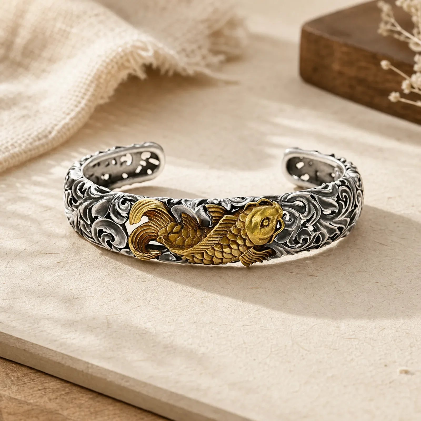 Koi Fish Grass Pattern Prosperity Wealth Bracelet Bangle featuring Koi Fish, Yin Yang Symbol, Copper