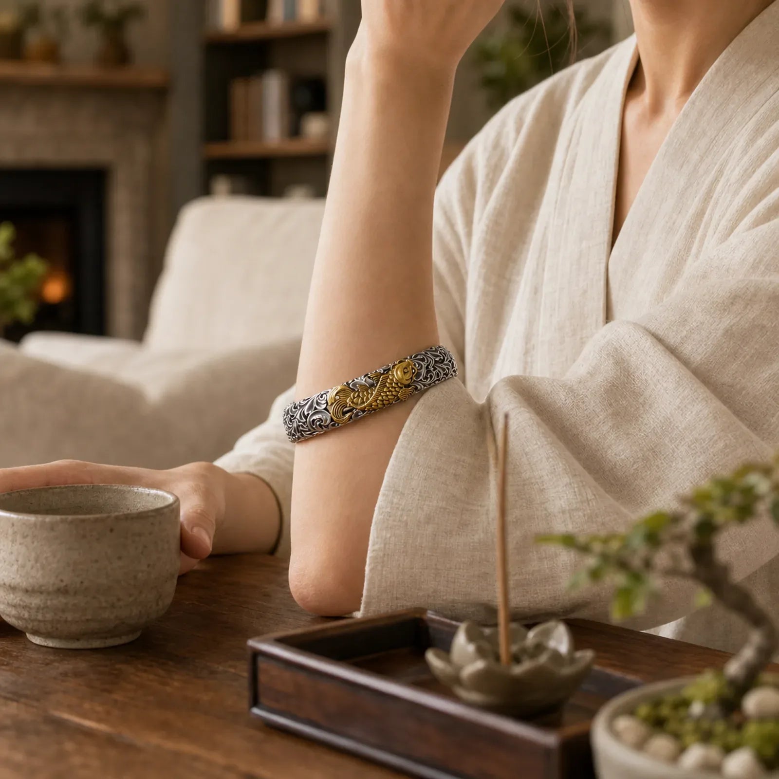 Koi Fish Grass Pattern Prosperity Wealth Bracelet Bangle featuring Koi Fish, Yin Yang Symbol, Copper