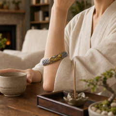 Koi Fish Grass Pattern Prosperity Wealth Bracelet Bangle featuring Koi Fish, Yin Yang Symbol, Copper