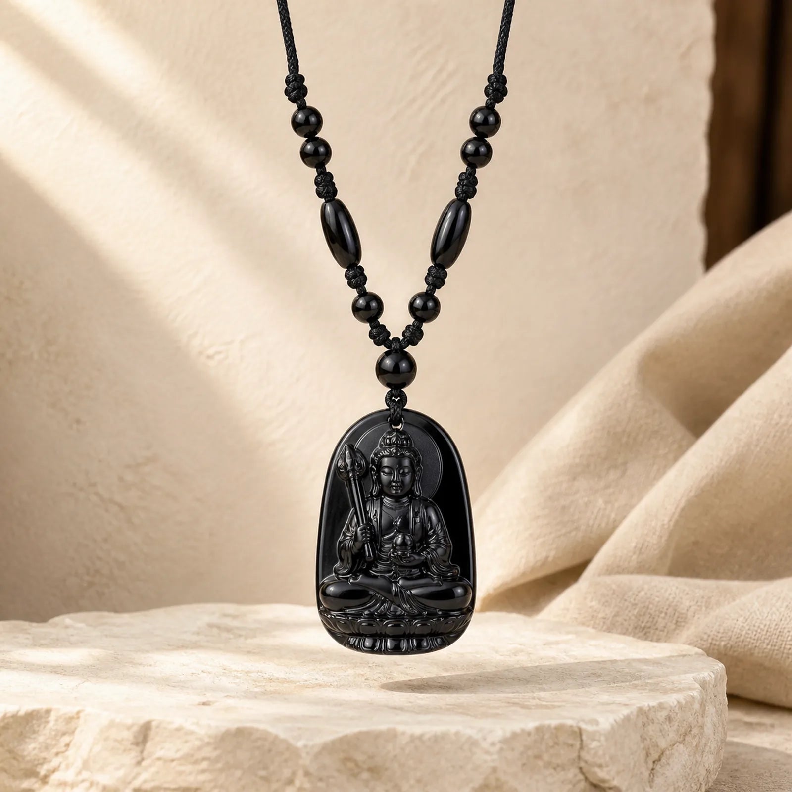 Ksitigarbha Buddha Pattern Black Obsidian Fulfilment Necklace Pendant featuring Black Obsidian, Buddha Symbol