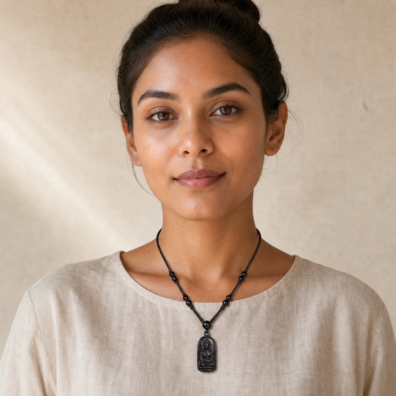 Ksitigarbha Buddha Pattern Black Obsidian Fulfilment Necklace Pendant featuring Black Obsidian, Buddha Symbol