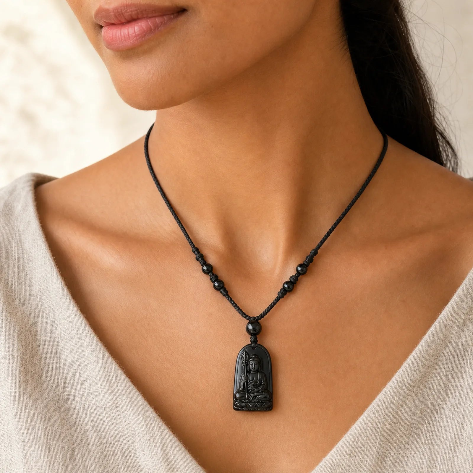 Ksitigarbha Buddha Pattern Black Obsidian Fulfilment Necklace Pendant featuring Black Obsidian, Buddha Symbol