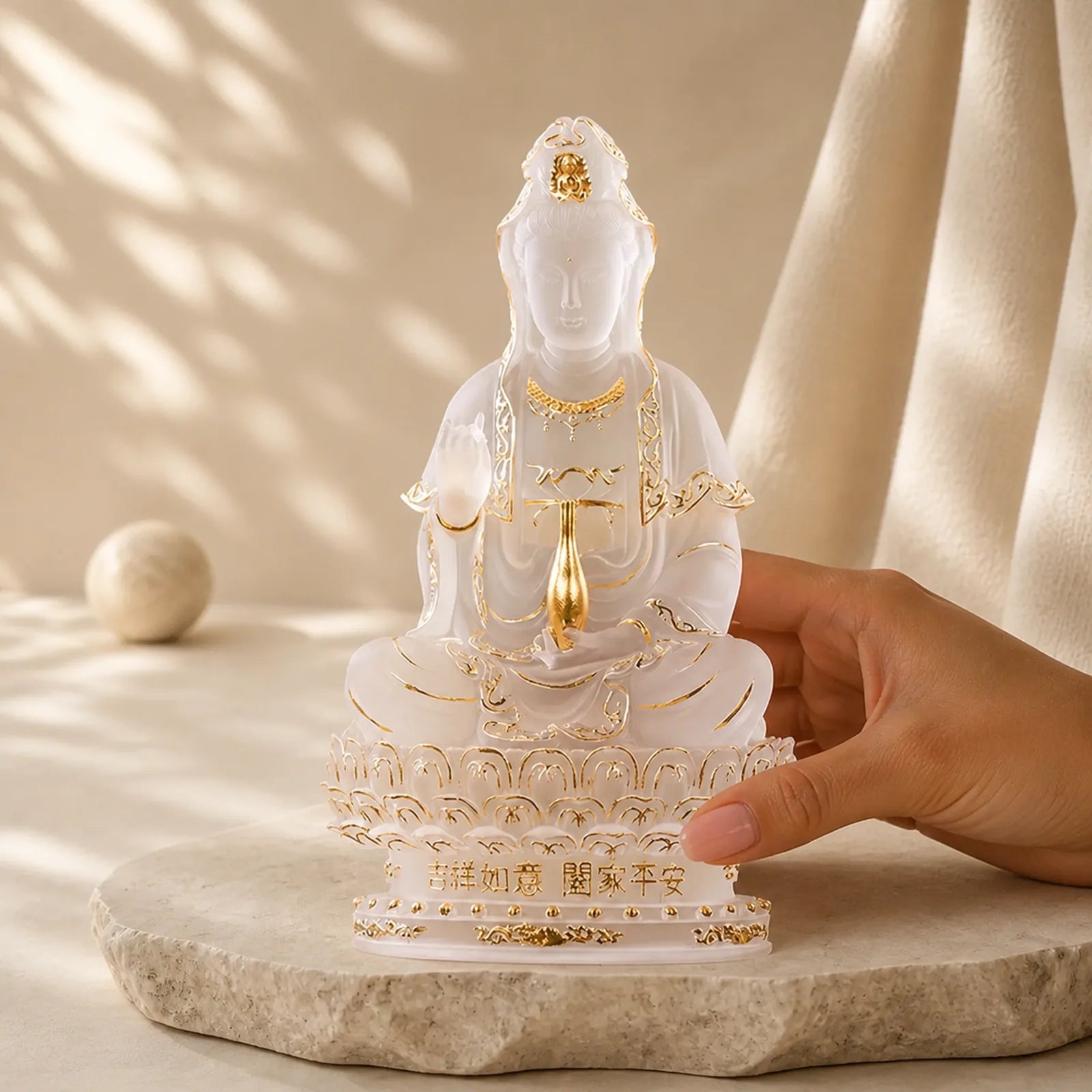Kwan Yin Avalokitesvara Handmade Figurine Liuli Crystal Art Piece Wealth Statue Home Offering Decoration featuring Avalokitesvara Symbol