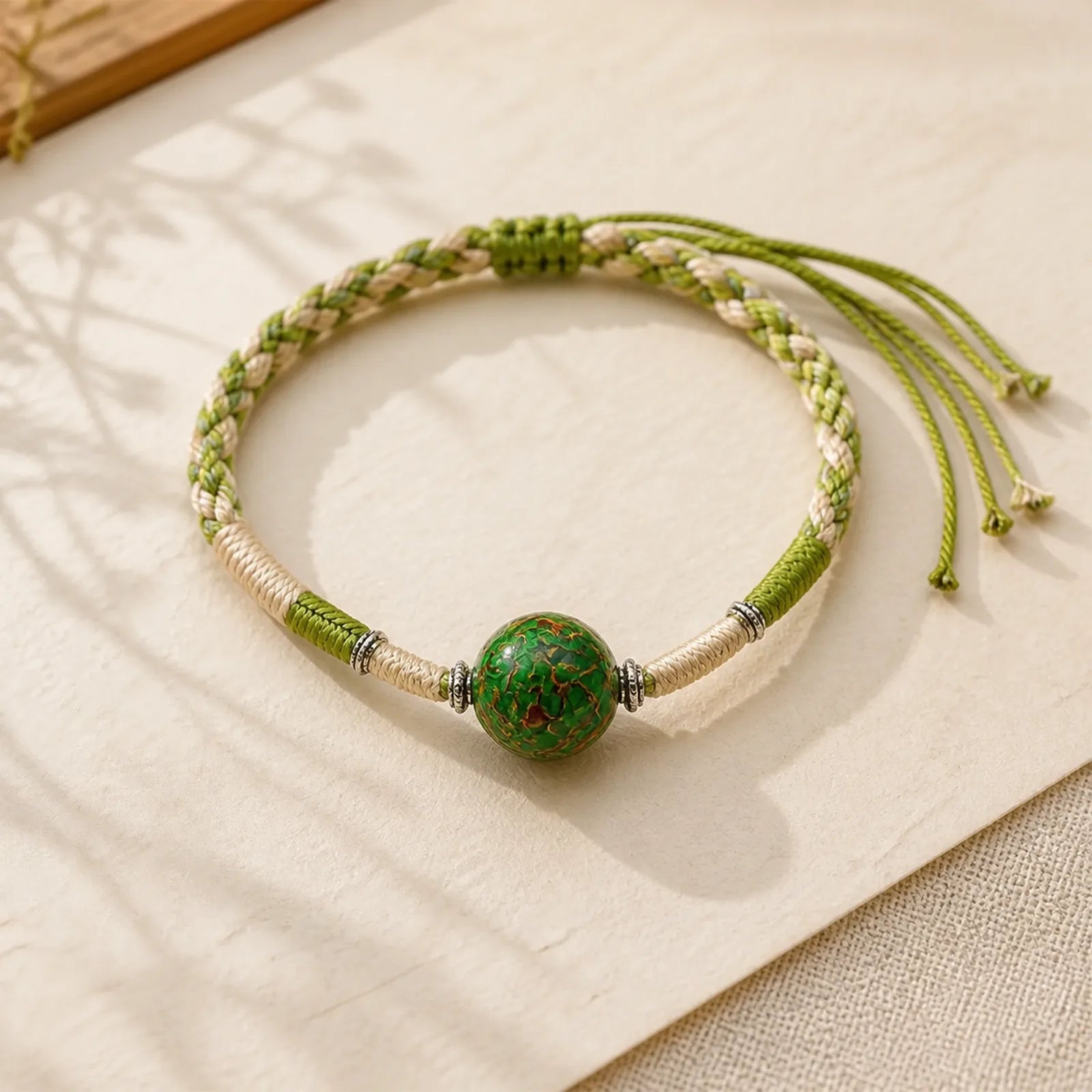Lacquer Craft Bead Multicolored Braided String Bracelet featuring Bamboo