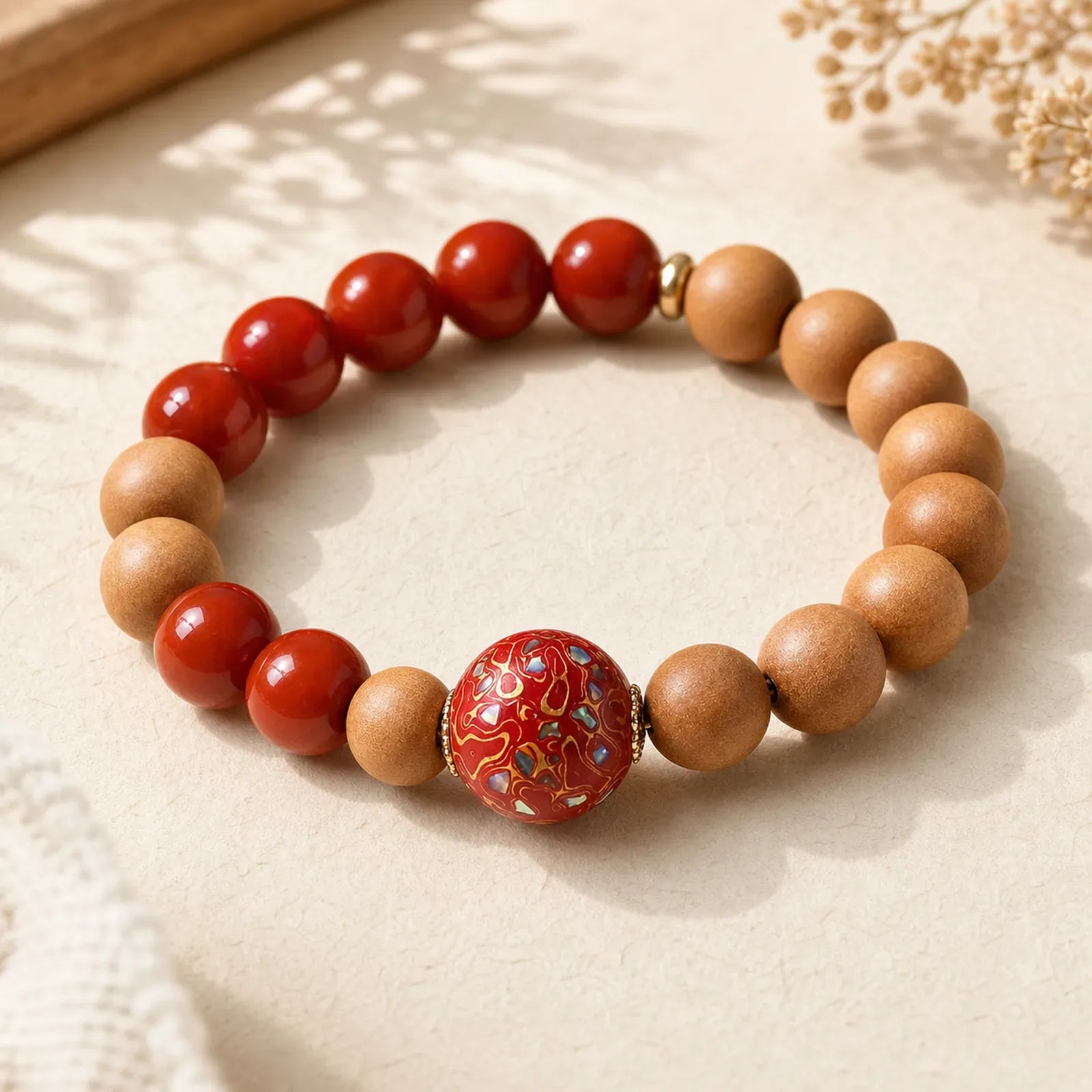 Lacquer Craft Bead Sandalwood South Red Agated Protection Bracelet featuring Sandalwood, South Red Agate, Red Agate