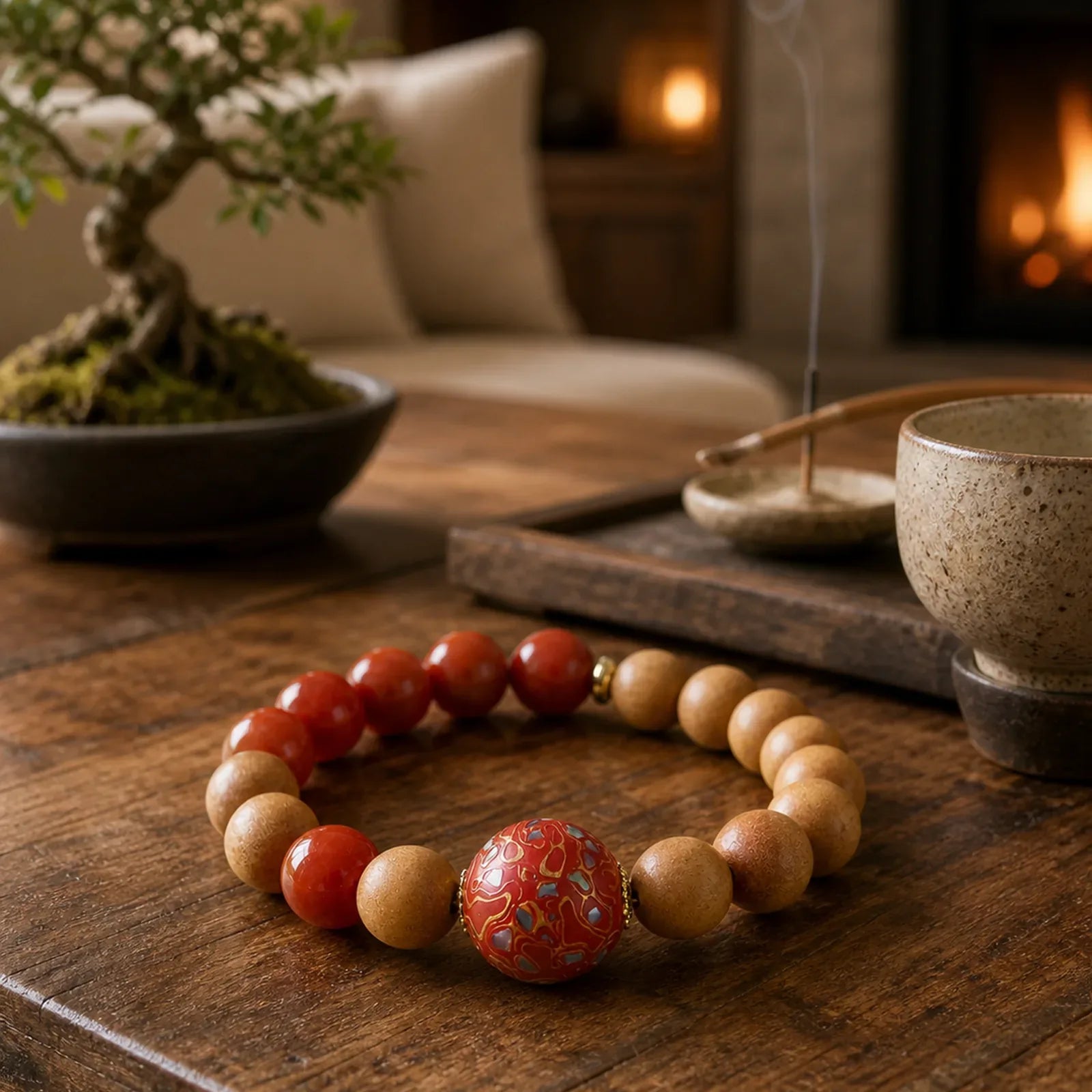 Lacquer Craft Bead Sandalwood South Red Agated Protection Bracelet featuring Sandalwood, South Red Agate, Red Agate