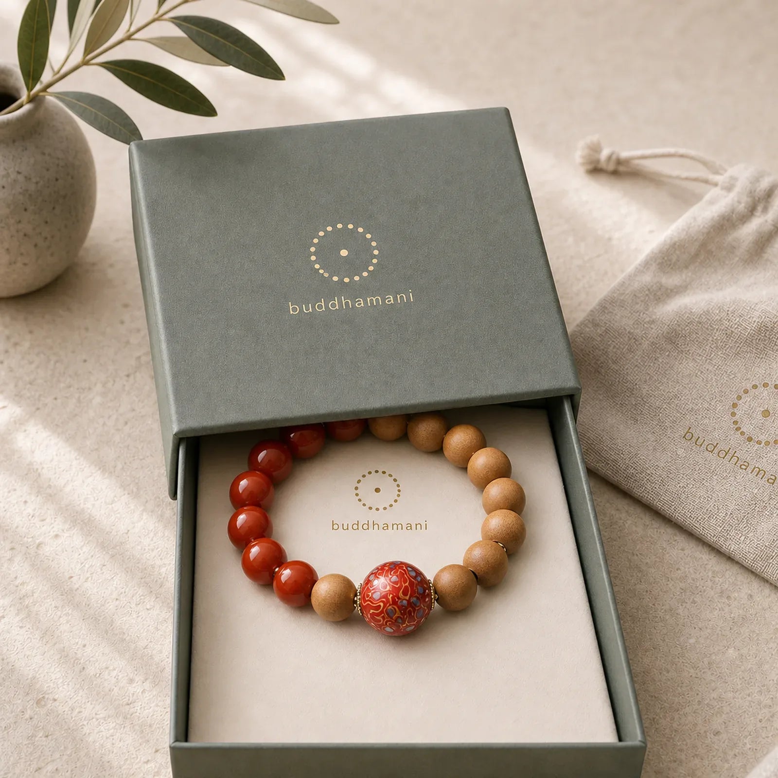 Lacquer Craft Bead Sandalwood South Red Agated Protection Bracelet featuring Sandalwood, South Red Agate, Red Agate