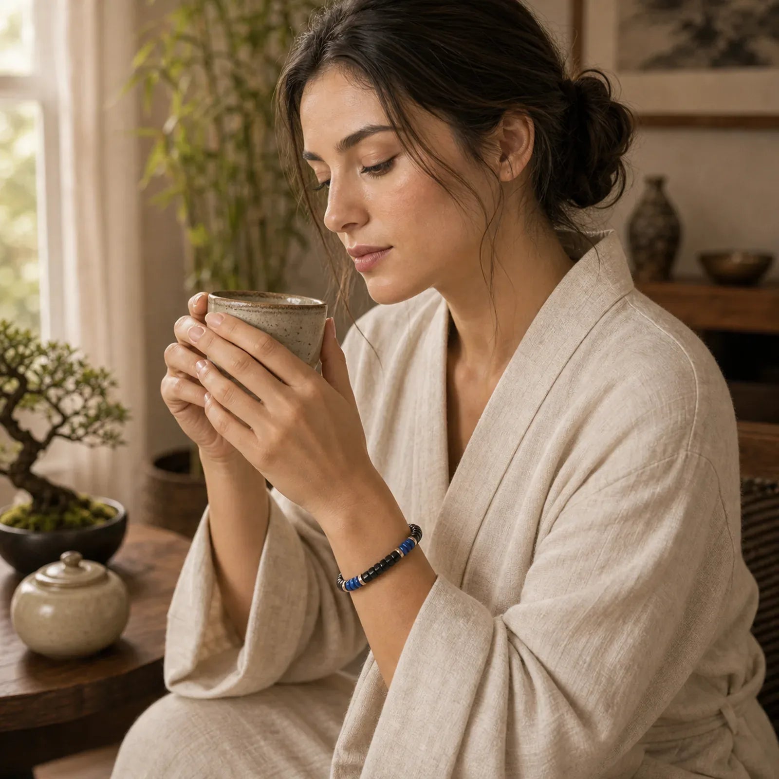 Lapis Lazuli Black Onyx Truth Cube Bead Bracelet featuring Black Onyx, Lapis Lazuli (Lazurite), Copper