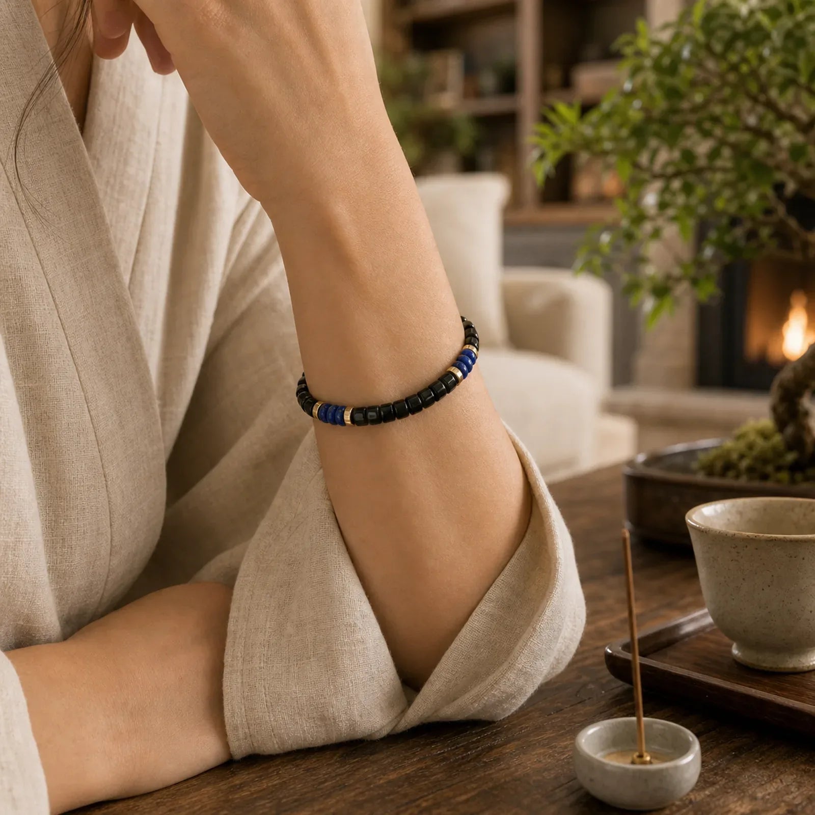 Lapis Lazuli Black Onyx Truth Cube Bead Bracelet featuring Black Onyx, Lapis Lazuli (Lazurite), Copper