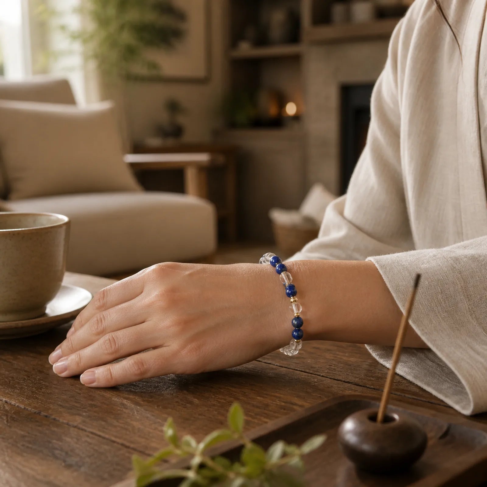 Lapis Lazuli Clear Quartz Balance Beaded Bracelet featuring Lapis Lazuli (Lazurite), Clear Quartz / White Crystal, Copper
