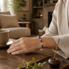 Lapis Lazuli Clear Quartz Balance Beaded Bracelet featuring Lapis Lazuli (Lazurite), Clear Quartz / White Crystal, Copper
