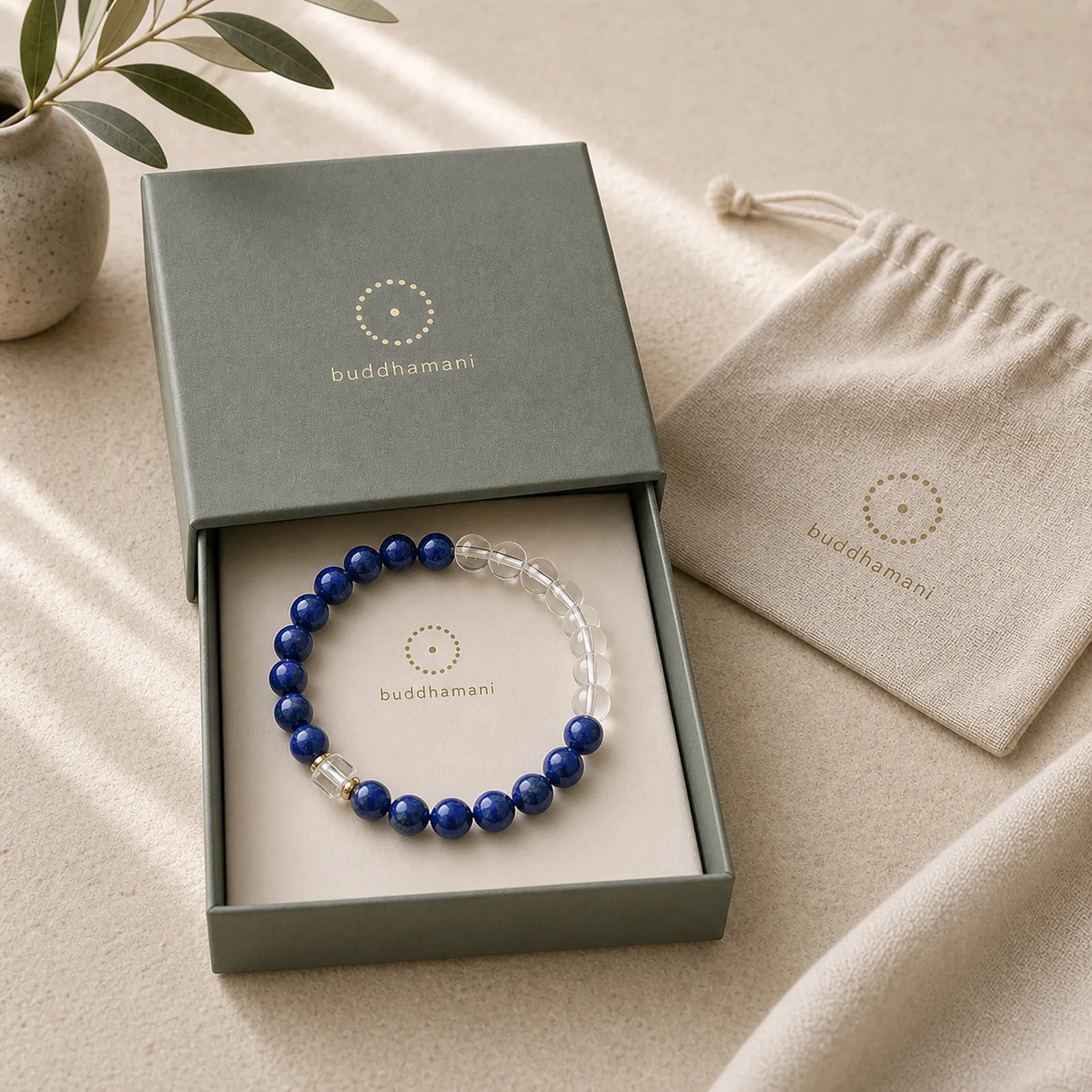 Lapis Lazuli Clear Quartz Balance Beaded Bracelet featuring Lapis Lazuli (Lazurite), Clear Quartz / White Crystal, Copper