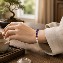 Lapis Lazuli Lazurite Pearl Cinnabar Positive Beaded Bracelet featuring Lapis Lazuli (Lazurite), Pearl, Cinnabar