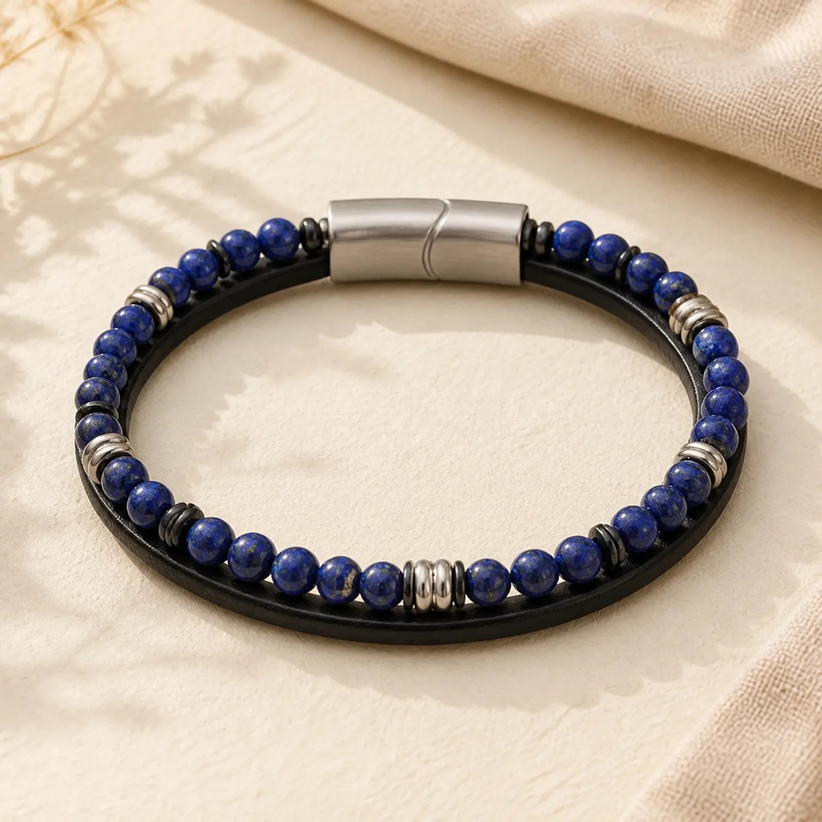 Lapis Lazuli Tiger Eye Bead Balance Leather Bracelet featuring Tiger Eye, Lapis Lazuli (Lazurite), Titanium Steel