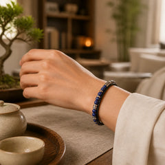 Lapis Lazuli Tiger Eye Bead Balance Leather Bracelet featuring Tiger Eye, Lapis Lazuli (Lazurite), Titanium Steel