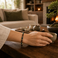 Lapis Lazuli Tiger Eye Cylindrical Bead Wisdom Bracelet featuring Tiger Eye, Lapis Lazuli (Lazurite), Copper
