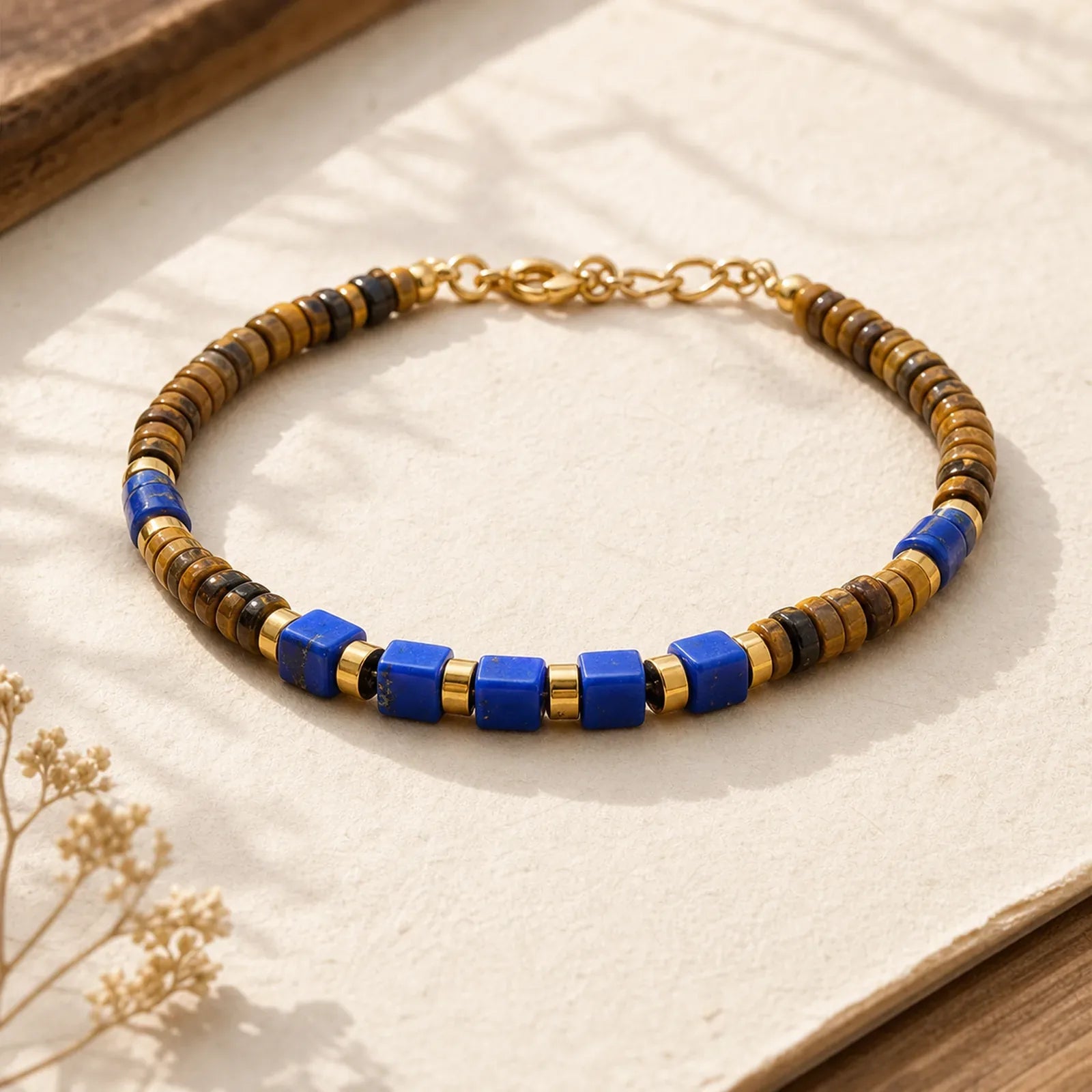 Lapis Lazuli Tiger Eye Square Beaded Wisdom Bracelet featuring Tiger Eye, Lapis Lazuli (Lazurite), Copper