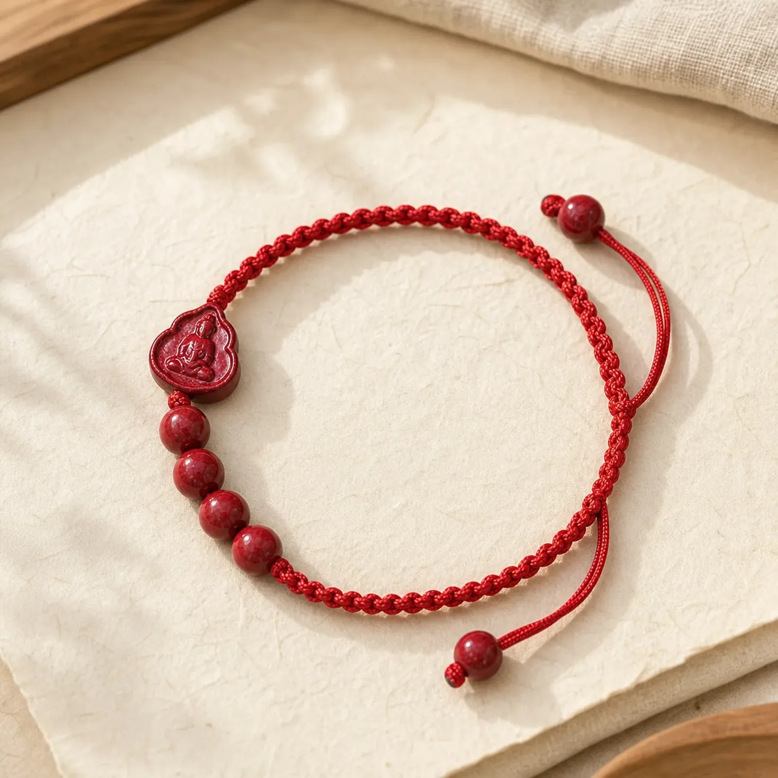 Laughing Buddha Avalokitesvara Cinnabar Blessing String Bracelet featuring Laughing Buddha, Cinnabar, Red String