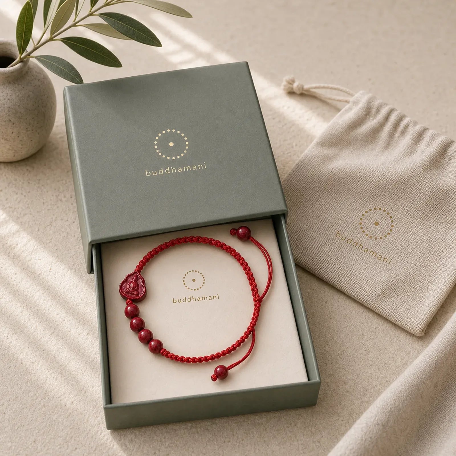 Laughing Buddha Avalokitesvara Cinnabar Blessing String Bracelet featuring Laughing Buddha, Cinnabar, Red String
