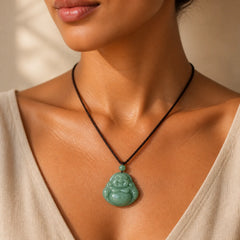 Laughing Buddha Cyan Jade Harmony Necklace String Bead Pendant featuring Laughing Buddha, Cyan Jade, Jade