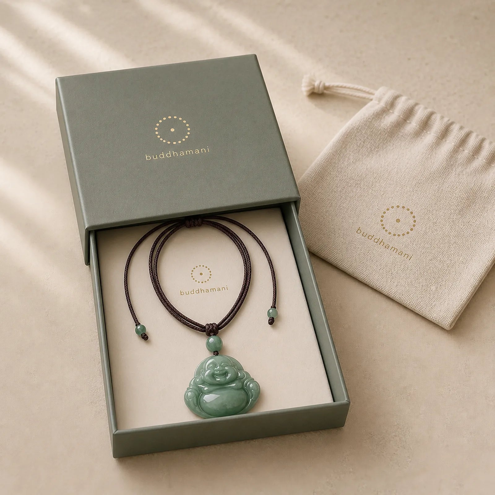 Laughing Buddha Cyan Jade Harmony Necklace String Bead Pendant featuring Laughing Buddha, Cyan Jade, Jade
