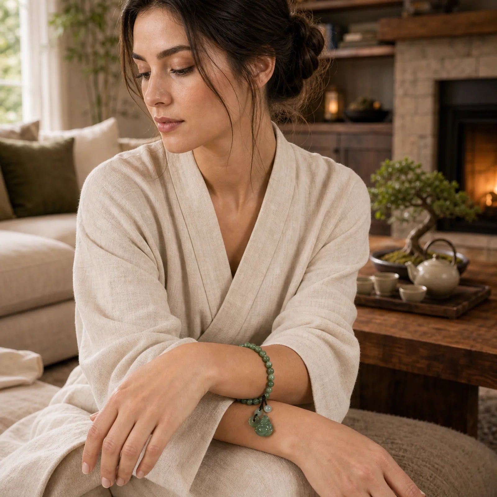 Laughing Buddha Cyan Jade Healing Bracelet featuring Laughing Buddha, Cyan Jade, Jade