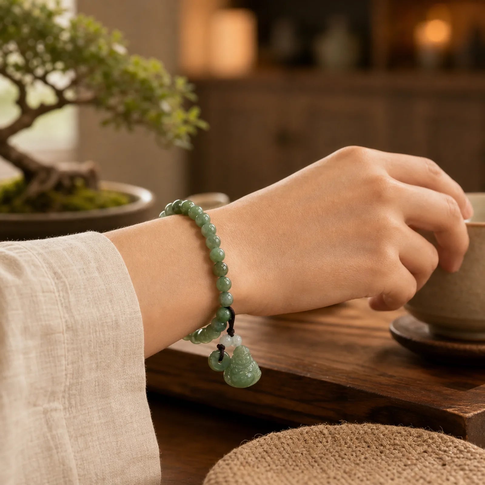 Laughing Buddha Cyan Jade Healing Bracelet featuring Laughing Buddha, Cyan Jade, Jade