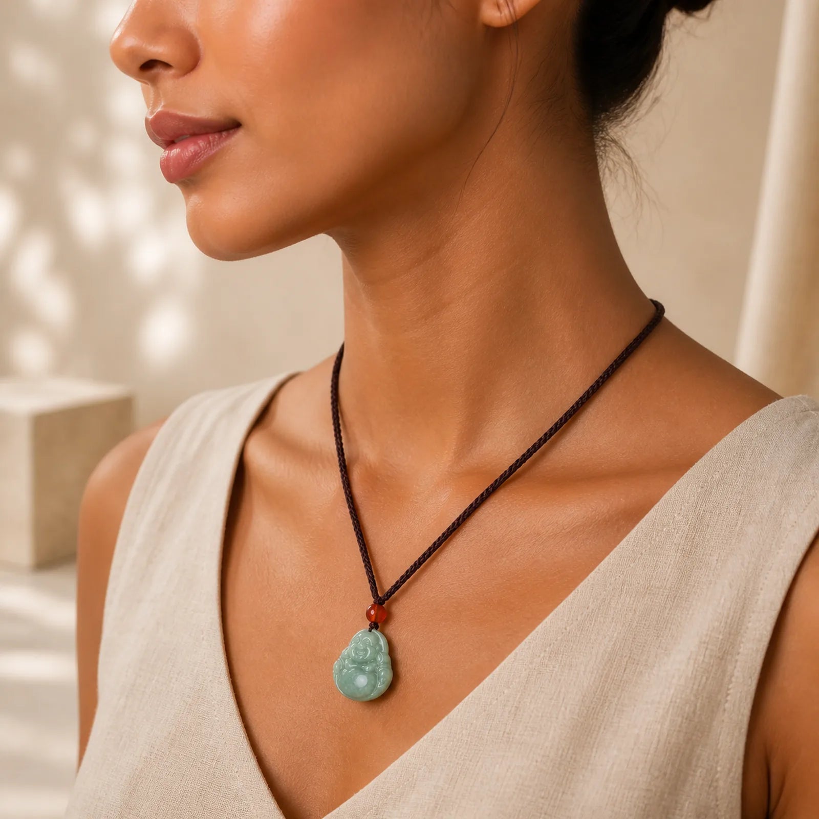 Laughing Buddha Cyan Jade Success Necklace String Pendant featuring Laughing Buddha, Cyan Jade, Jade