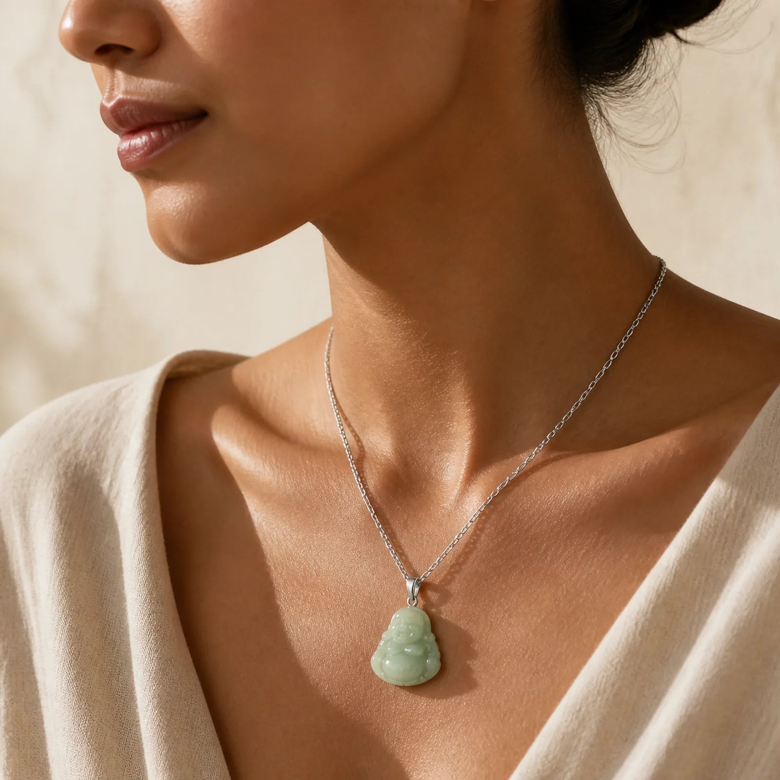 Laughing Buddha Jade Blessing Titanium Steel Chain Necklace Pendant featuring Laughing Buddha, Jade, Titanium Steel