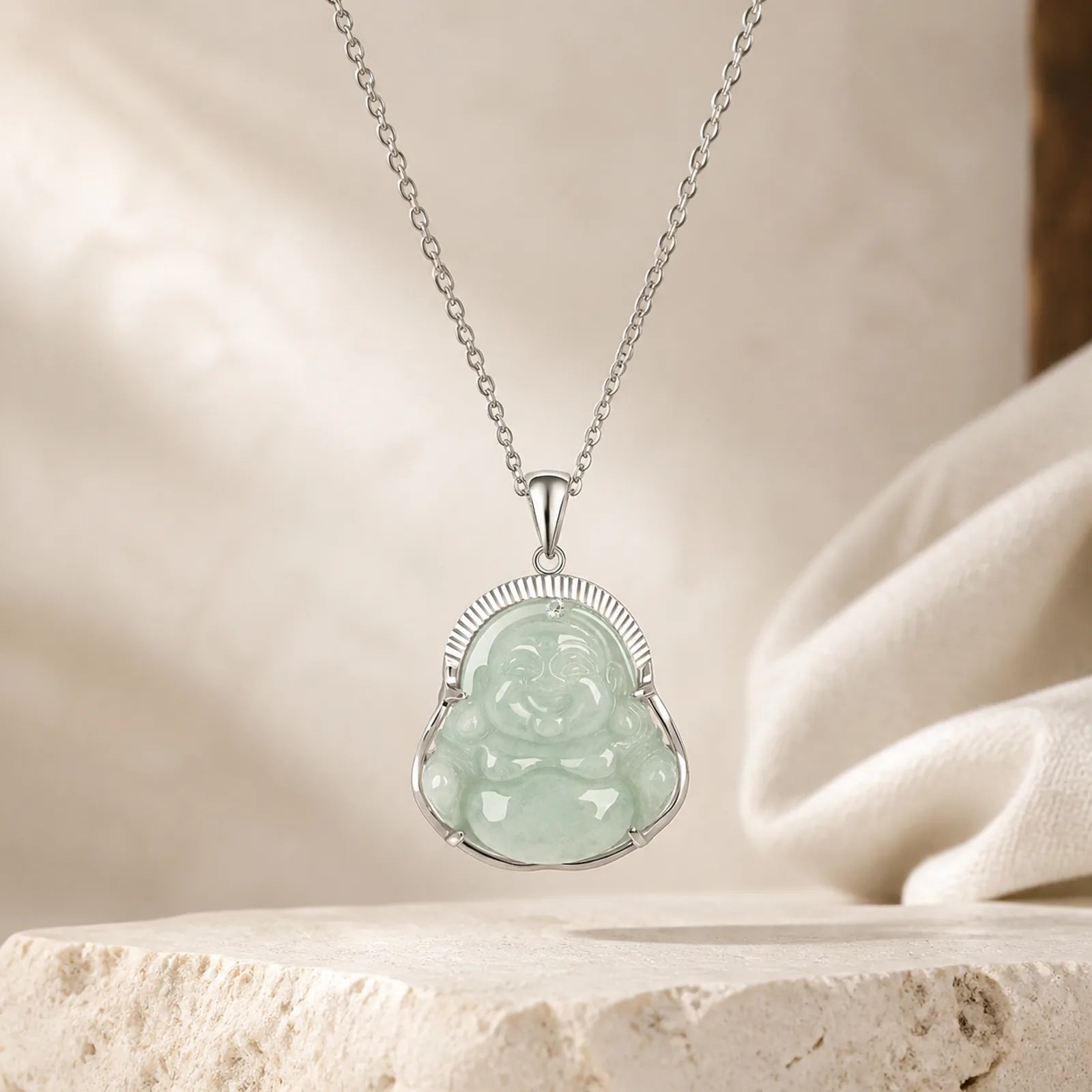Laughing Buddha Jade Luck Calm Titanium Steel Chain Necklace Pendant featuring Laughing Buddha, Jade, Titanium Steel